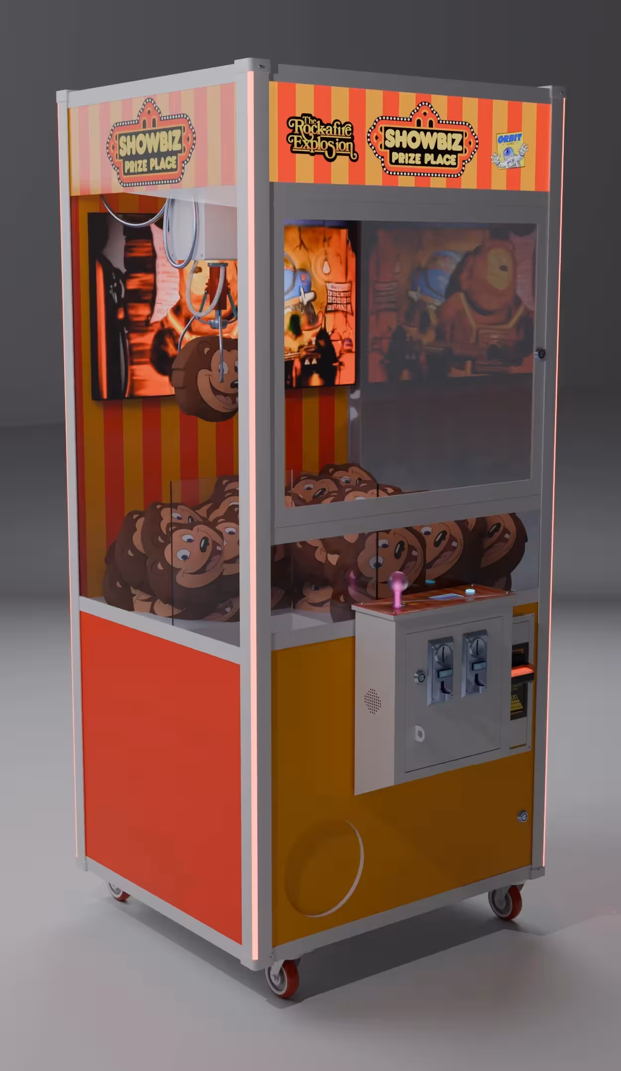 Official promotional render of the ShowBiz Prize Place claw machine, facing to the right.
