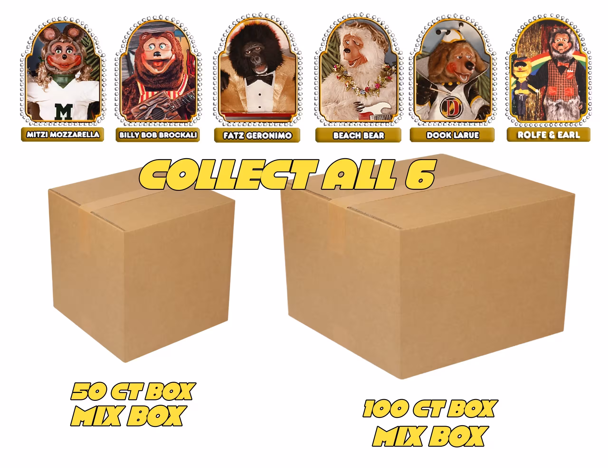 A promo photo advertising plushies meant for use with the ShowBiz Prize Place.